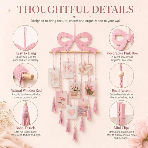 Pink Bow Hanging Photo Display Wall Decor Pink Macrame Wall Hanging Coquette Picture Frame Collage Holder with 30 Clips for Room Bedroom Graduation Wedding Christmas Coquette Party Decor in Kuwait