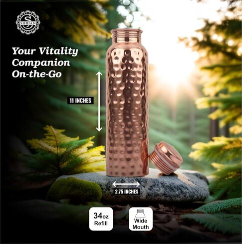 100% Pure Copper Water Bottle for Drinking, 34 Oz Hammered Ayurvedic Copper Bottle for Drinking Water | Leak-Proof & Eco-Friendly | For Yoga, Office, Travel – Handcrafted, Reusable & BPA-Free in Saudi Arabia