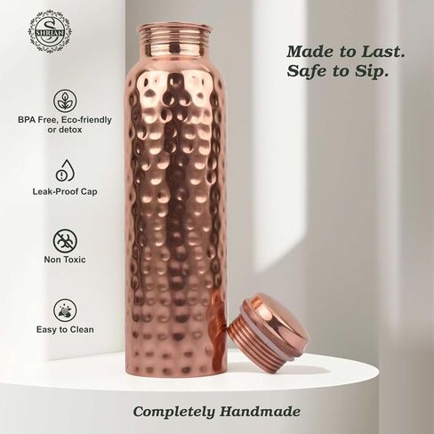 100% Pure Copper Water Bottle for Drinking, 34 Oz Hammered Ayurvedic Copper Bottle for Drinking Water | Leak-Proof & Eco-Friendly | For Yoga, Office, Travel – Handcrafted, Reusable & BPA-Free in Saudi Arabia