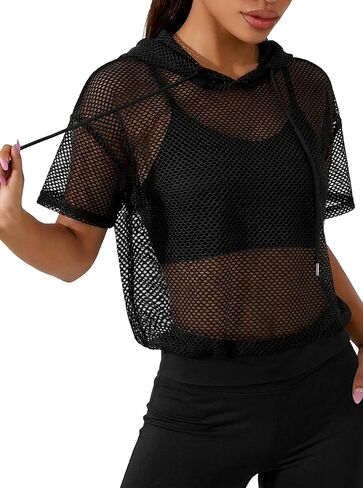 Remidoo Women Cropped Hoodie Hooded Workout Tops Banded Bottom Short Sleeve Crop Top Athletic Shirts in Saudi Arabia