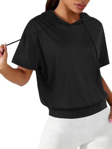 Remidoo Women Cropped Hoodie Hooded Workout Tops Banded Bottom Short Sleeve Crop Top Athletic Shirts in Saudi Arabia