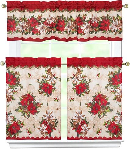 3 Pieces Christmas Kitchen Curtains Set, Plaid & Snowflake & Holly Xmas Curtains for Kitchen - Light Filtering, Easy Install Red Valances for Christmas Window Decor in Saudi Arabia