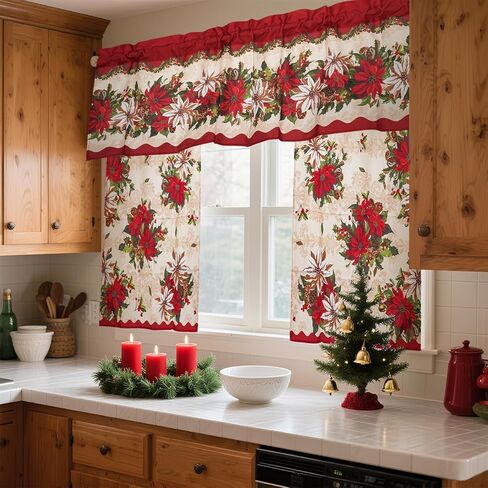 3 Pieces Christmas Kitchen Curtains Set, Plaid & Snowflake & Holly Xmas Curtains for Kitchen - Light Filtering, Easy Install Red Valances for Christmas Window Decor in Saudi Arabia