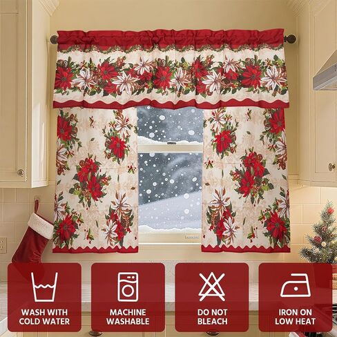 3 Pieces Christmas Kitchen Curtains Set, Plaid & Snowflake & Holly Xmas Curtains for Kitchen - Light Filtering, Easy Install Red Valances for Christmas Window Decor in Saudi Arabia