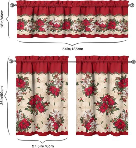 3 Pieces Christmas Kitchen Curtains Set, Plaid & Snowflake & Holly Xmas Curtains for Kitchen - Light Filtering, Easy Install Red Valances for Christmas Window Decor in Saudi Arabia