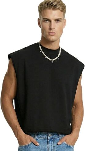 قميص رجالي قصير بدون أكمام، قميص ثقيل الوزن بقصة مربعة من French Terry Streetwear مع لمسة نهائية من الحواف الخام in Saudi Arabia