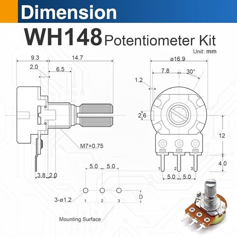 WH148 Potentiometer Kit, 40PCS 3-Pin Linear Rotary Variable Resistors 1K 2K 5K 10K 20K 50K 100K 250K 500K 1M Ohm, Includes Potentiometer Knobs in Saudi Arabia