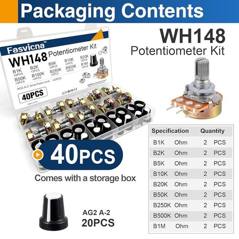 WH148 Potentiometer Kit, 40PCS 3-Pin Linear Rotary Variable Resistors 1K 2K 5K 10K 20K 50K 100K 250K 500K 1M Ohm, Includes Potentiometer Knobs in Saudi Arabia