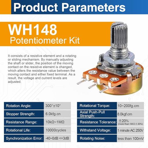WH148 Potentiometer Kit, 40PCS 3-Pin Linear Rotary Variable Resistors 1K 2K 5K 10K 20K 50K 100K 250K 500K 1M Ohm, Includes Potentiometer Knobs in Saudi Arabia