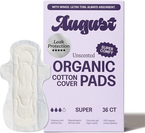 August Super Cotton Menstrual Pads, 36-Pack Ultra Thin Pads with Wings, Hypoallergenic Sanitary Napkins with Organic Cotton Topsheet, Compostable Wrappers, Toxin Free, Fragrance Free in Saudi Arabia