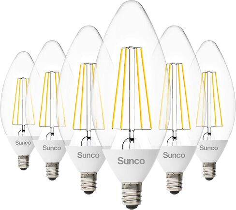 Sunco 6 عبوات من الغسق إلى الفجر LED لمبة إضاءة خارجية B11، مصابيح شمعدان خيوط إديسون لإضاءة الشرفة، 500 لومن، 5 وات (ما يعادل 40 وات)، 3000 كلفن أبيض دافئ، قاعدة E12، مستشعر خلية ضوئية UL in Kuwait
