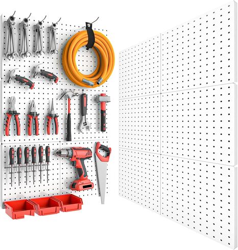 Peg Board, 4PCS Metal Pegboard, Heavy Duty Pegboard Wall Organizer with Frame. Black Pegboard for Walls, Garage, Workbench, Craft Room Tool Organization, Metal Pegboard Panels 12in*12in in Saudi Arabia