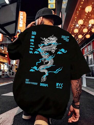 Men's Black Short Sleeve T-Shirt, Blue Dragon Letter Print Graphic Tee, Crew Neck Streetwear Top for Y2K Street Style in Saudi Arabia