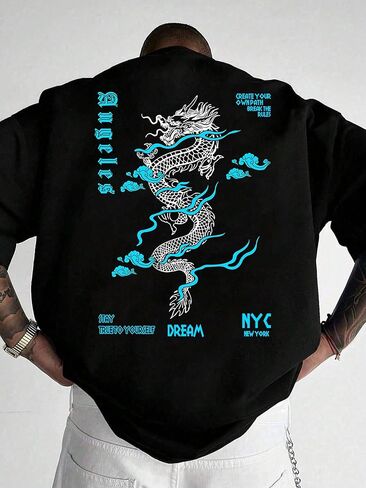 Men's Black Short Sleeve T-Shirt, Blue Dragon Letter Print Graphic Tee, Crew Neck Streetwear Top for Y2K Street Style in Saudi Arabia