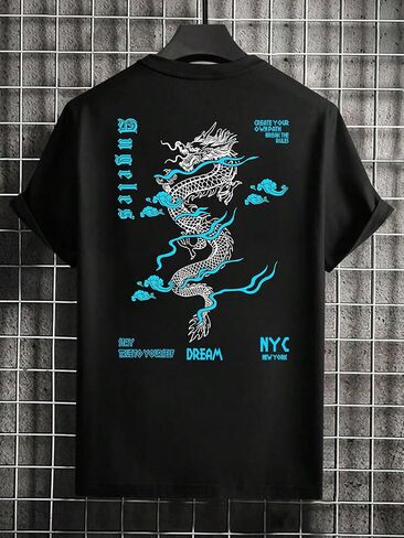 Men's Black Short Sleeve T-Shirt, Blue Dragon Letter Print Graphic Tee, Crew Neck Streetwear Top for Y2K Street Style in Saudi Arabia