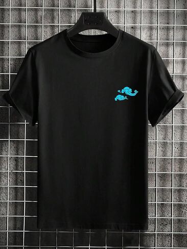 Men's Black Short Sleeve T-Shirt, Blue Dragon Letter Print Graphic Tee, Crew Neck Streetwear Top for Y2K Street Style in Saudi Arabia