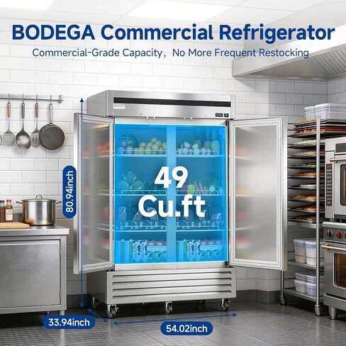 BODEGA BODEGACOOLER ثلاجات تجارية بباب مزدوج مقاس 54 بوصة، ثلاجة يمكن الوصول إليها بباب صلب من الفولاذ المقاوم للصدأ، سعة كبيرة 49 قدم مكعب، نطاق درجة حرارة من 33 إلى 41 درجة فهرنهايت، تذويب تلقائي، لمطبخ المطاعم in Kuwait