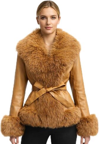 DLNYC Waist Length Warm Winter Vegan Leather Jacket with Faux Fur Trim in Saudi Arabia