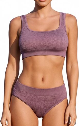 CUPSHE Women's Bikini Sets Square Neck Two Piece Sporty Bathing Suits Textured Crisscross Mid Rise in Saudi Arabia