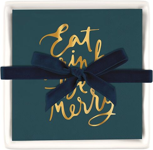 مجموعة هدايا مناديل ورقية لحفلات الكوكتيل من Santa Barbara Design Studio لعيد الميلاد وصينية حامل مناديل سيراميك، مقاس 5.75 بوصة مربعة، كل شيء على شكل فيونكة ساطعة in Saudi Arabia