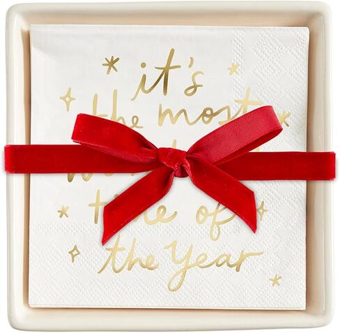 مجموعة هدايا مناديل ورقية لحفلات الكوكتيل من Santa Barbara Design Studio لعيد الميلاد وصينية حامل مناديل سيراميك، مقاس 5.75 بوصة مربعة، كل شيء على شكل فيونكة ساطعة in Kuwait