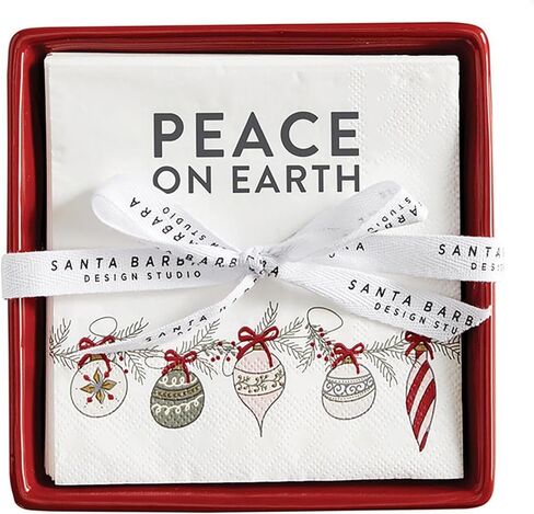 مجموعة هدايا مناديل ورقية لحفلات الكوكتيل من Santa Barbara Design Studio لعيد الميلاد وصينية حامل مناديل سيراميك، مقاس 5.75 بوصة مربعة، كل شيء على شكل فيونكة ساطعة in Kuwait