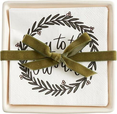 مجموعة هدايا مناديل ورقية لحفلات الكوكتيل من Santa Barbara Design Studio لعيد الميلاد وصينية حامل مناديل سيراميك، مقاس 5.75 بوصة مربعة، كل شيء على شكل فيونكة ساطعة in Kuwait