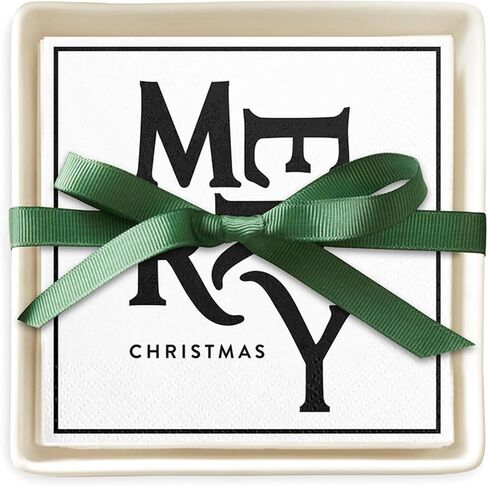 مجموعة هدايا مناديل ورقية لحفلات الكوكتيل من Santa Barbara Design Studio لعيد الميلاد وصينية حامل مناديل سيراميك، مقاس 5.75 بوصة مربعة، كل شيء على شكل فيونكة ساطعة in Kuwait