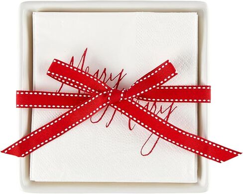 مجموعة هدايا مناديل ورقية لحفلات الكوكتيل من Santa Barbara Design Studio لعيد الميلاد وصينية حامل مناديل سيراميك، مقاس 5.75 بوصة مربعة، كل شيء على شكل فيونكة ساطعة in Kuwait