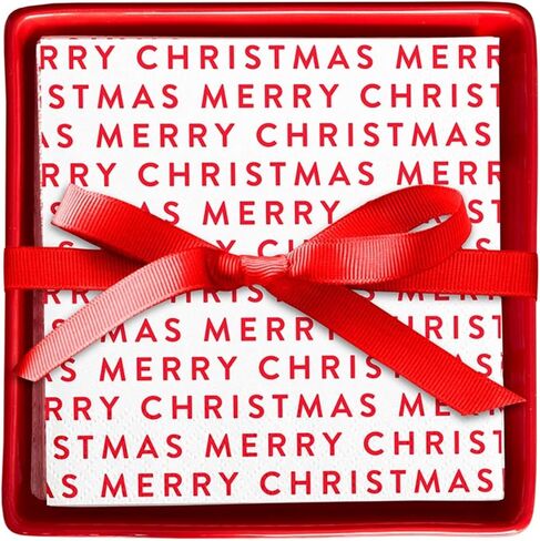 مجموعة هدايا مناديل ورقية لحفلات الكوكتيل من Santa Barbara Design Studio لعيد الميلاد وصينية حامل مناديل سيراميك، مقاس 5.75 بوصة مربعة، كل شيء على شكل فيونكة ساطعة in Kuwait