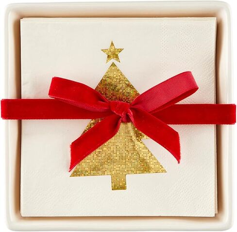 مجموعة هدايا مناديل ورقية لحفلات الكوكتيل من Santa Barbara Design Studio لعيد الميلاد وصينية حامل مناديل سيراميك، مقاس 5.75 بوصة مربعة، كل شيء على شكل فيونكة ساطعة in Kuwait