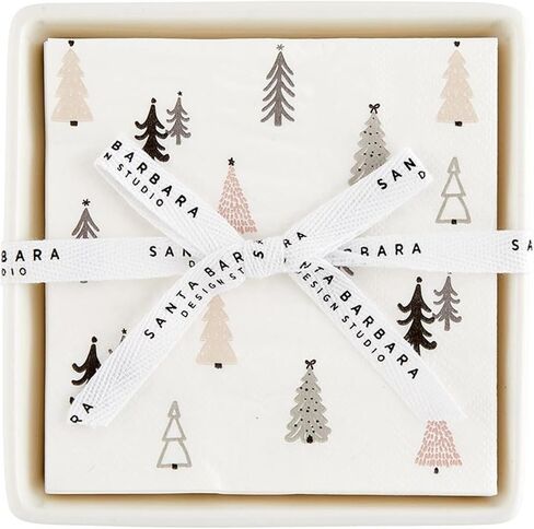 مجموعة هدايا مناديل ورقية لحفلات الكوكتيل من Santa Barbara Design Studio لعيد الميلاد وصينية حامل مناديل سيراميك، مقاس 5.75 بوصة مربعة، كل شيء على شكل فيونكة ساطعة in Kuwait