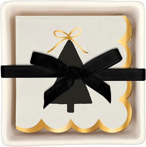 مجموعة هدايا مناديل ورقية لحفلات الكوكتيل من Santa Barbara Design Studio لعيد الميلاد وصينية حامل مناديل سيراميك، مقاس 5.75 بوصة مربعة، كل شيء على شكل فيونكة ساطعة in Kuwait