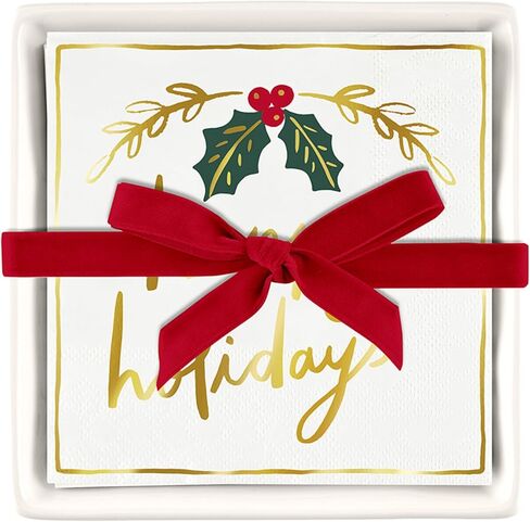 مجموعة هدايا مناديل ورقية لحفلات الكوكتيل من Santa Barbara Design Studio لعيد الميلاد وصينية حامل مناديل سيراميك، مقاس 5.75 بوصة مربعة، كل شيء على شكل فيونكة ساطعة in Kuwait