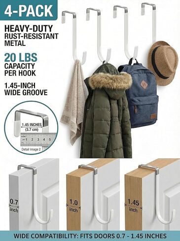 4 Pack Over The Door Hooks,Heavy Duty Hangers with Rubber Pads to Prevent Scratches, Organizer for Hanging Clothes, Towels, Hats, Coats in Living Room, Bathroom, Bedroom, Kitchen, White in Saudi Arabia