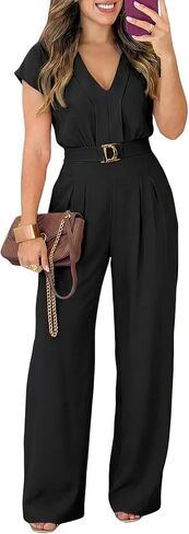 Pink Queen Jumpsuits for Women Dressy V Neck Short Sleeve Wide Leg Rompers Business Casual One Piece Outfits in Saudi Arabia