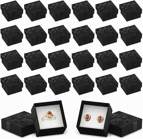 Set of 24 Black Ring Gift Box - Elegant Design Jewelry Gift Boxes, Lightweight Small Earring Box for Present with Ribbon Knot and Foam Undersize, Cute Cardboard Earring Boxes for Gifting Presentation in Saudi Arabia