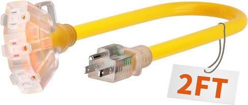 PlugSaf 2 FT 12/3 Gauge Outdoor Extension Cord with Multiple Outlets Light Indicator, Flexible 3 Outlet Heavy Duty Extension Cord Waterproof Yellow, 15A 1875W 12AWG SJTW, ETL Listed in Kuwait