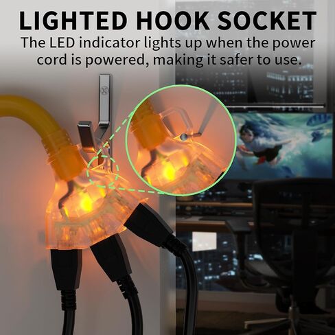 PlugSaf 2 FT 12/3 Gauge Outdoor Extension Cord with Multiple Outlets Light Indicator, Flexible 3 Outlet Heavy Duty Extension Cord Waterproof Yellow, 15A 1875W 12AWG SJTW, ETL Listed in Kuwait