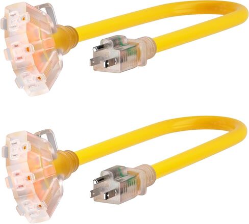 PlugSaf 2 FT 12/3 Gauge Outdoor Extension Cord with Multiple Outlets Light Indicator, Flexible 3 Outlet Heavy Duty Extension Cord Waterproof Yellow, 15A 1875W 12AWG SJTW, ETL Listed in Kuwait