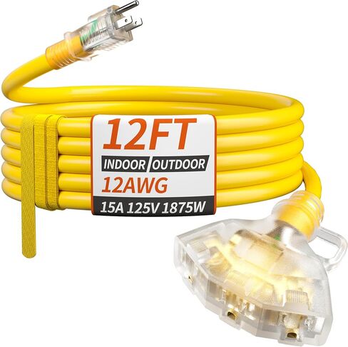 PlugSaf 2 FT 12/3 Gauge Outdoor Extension Cord with Multiple Outlets Light Indicator, Flexible 3 Outlet Heavy Duty Extension Cord Waterproof Yellow, 15A 1875W 12AWG SJTW, ETL Listed in Kuwait