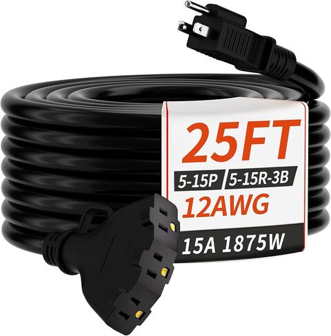 PlugSaf 2 FT 12/3 Gauge Outdoor Extension Cord with Multiple Outlets Light Indicator, Flexible 3 Outlet Heavy Duty Extension Cord Waterproof Yellow, 15A 1875W 12AWG SJTW, ETL Listed in Kuwait