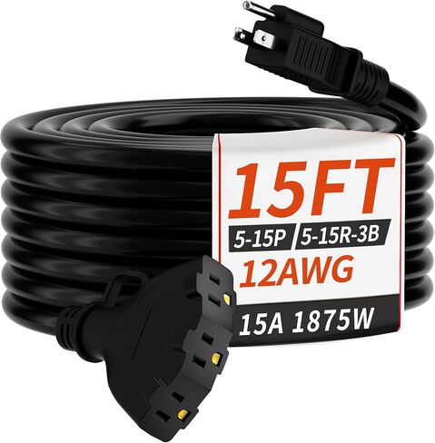 PlugSaf 2 FT 12/3 Gauge Outdoor Extension Cord with Multiple Outlets Light Indicator, Flexible 3 Outlet Heavy Duty Extension Cord Waterproof Yellow, 15A 1875W 12AWG SJTW, ETL Listed in Kuwait