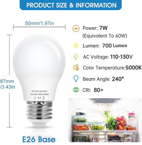 EvaStary 60W Equivalent Refrigerator Light Bulb, 7W 120V A15 Fridge Waterproof Appliance Fridge Light Bulbs, E26 Daylight White 5000K 700 Lumen for Home Bathroom Kitchen Lamp, Non-Dimmable, 2 Pack in Saudi Arabia