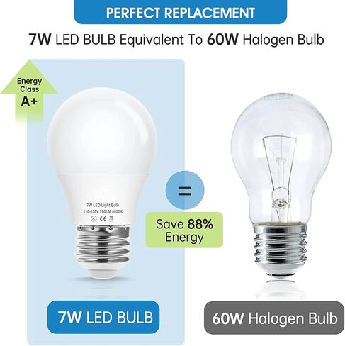 EvaStary 60W Equivalent Refrigerator Light Bulb, 7W 120V A15 Fridge Waterproof Appliance Fridge Light Bulbs, E26 Daylight White 5000K 700 Lumen for Home Bathroom Kitchen Lamp, Non-Dimmable, 2 Pack in Saudi Arabia