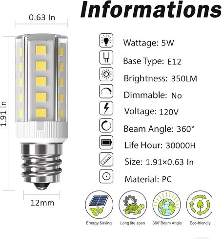 لمبة مجفف GARTO 120 فولت 10 وات 25 وات مكافئة WE05X20431 WP22002263 مصابيح LED للأجهزة E12 5W 6000K بيضاء لأسطوانة المجفف، وموزع ثلج الماء، والثلاجات، ومصباح العرض-2 حزمة. in Kuwait