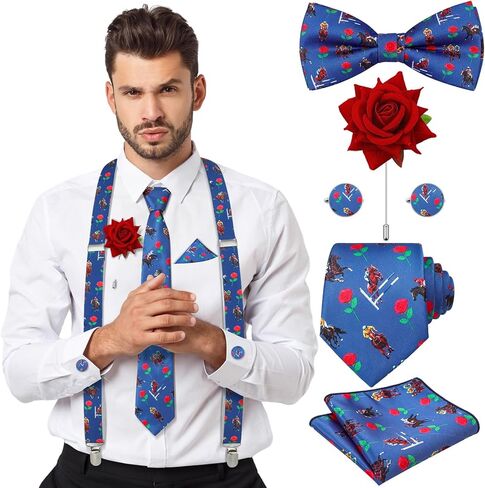 Ramede 6 Pcs African Print Cloth Kente Bowtie Set for Men Kente Pre-tied Bowtie Necktie Pocket Square Suspenders Boutonniere Pin Cufflinks African Attire Accessories for Kwanzaa Christmas in Saudi Arabia