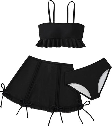 Girls 3 Piece Bathing Suit Set, Ruffle Cami Tankini Top with Swim Skirt and Bikini Bottom, Girls Swimwear for Beach,Ages 7-16 in Saudi Arabia