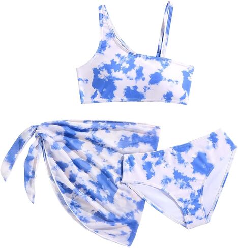 Girl's 3 Pieces Tie Dye Bikini Sets, Cute Tropical Asymmetrical Bathing Suits with Beach Cover Up Skirt 7-16T in Saudi Arabia