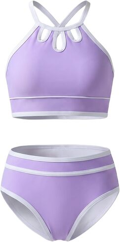 Teen Girls Swimsuit Two Piece Adjustable Shoulder Strap Color Block Bikini Sets with Removable Size 7-16 Years in Saudi Arabia